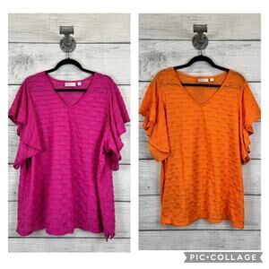 Belle by Kim Gravel V-Neck Textured Blouses - Pink and Orange